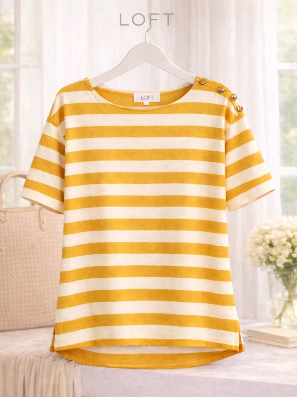 Classic LOFT striped tee with nautical-inspired shoulder button detail.